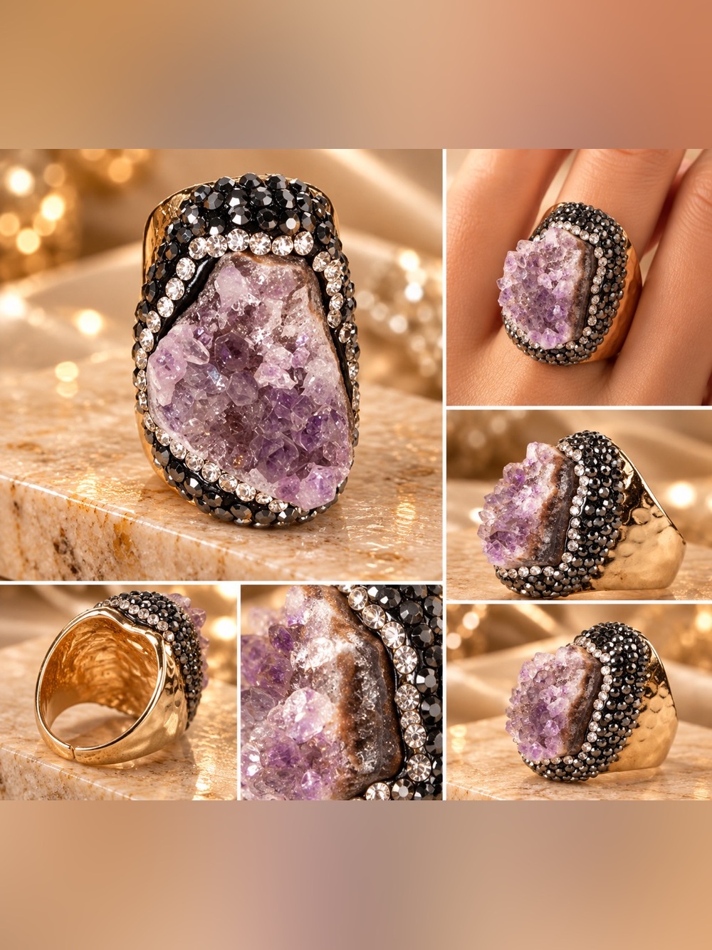 Natural Amethyst Crystal Rhinestone Statement Ring - Picture 3 of 3